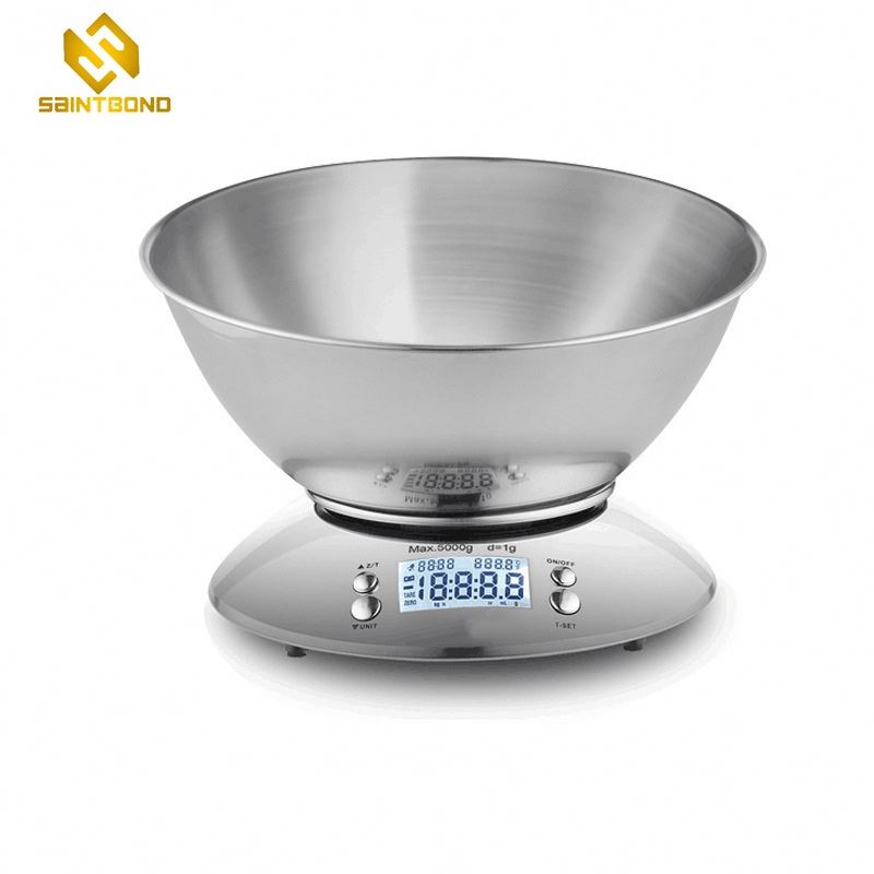 PKS009 11lb Alarm Timer And Temperature Stainless Steel Mixing Bowl White Backlight Digital Kitchen Food Scale